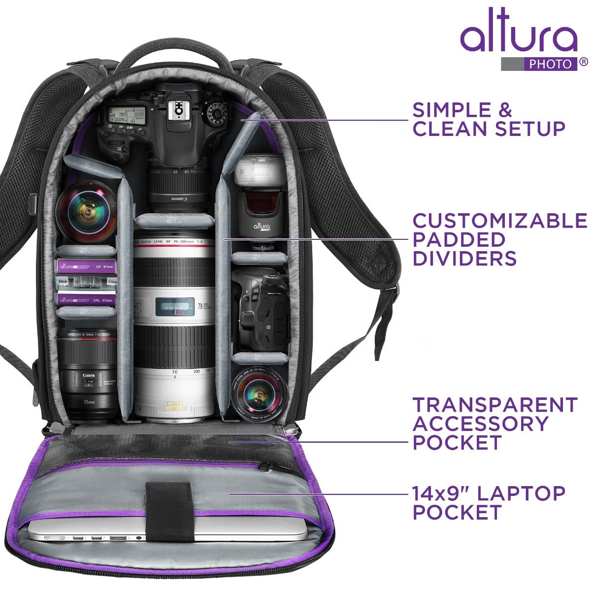 Camera Backpack with Laptop Case for Canon Nikon Sony Mirrorless and DSLR Camera, Light and other Photography Accessories - Large Capacity Black Bag with Tripod Holder by Altura Photo